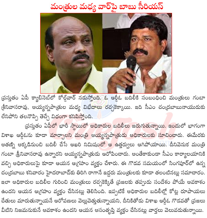 minister ayyana pathrudu vs gata srinivasa rao,minister ayyana pathrudu vs vizag rdo,minister ayyana pathrudu complaints on ganta srinivasa rao,chandra babu naidu serious on ministers,officers transfers in ap  minister ayyana pathrudu vs gata srinivasa rao, minister ayyana pathrudu vs vizag rdo, minister ayyana pathrudu complaints on ganta srinivasa rao, chandra babu naidu serious on ministers, officers transfers in ap